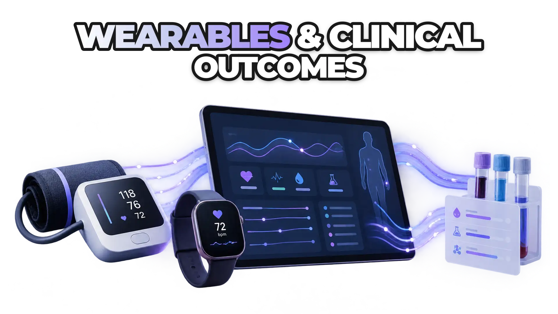 A connected ecosystem of wearable devices and medical instruments transmitting data streams into a unified dashboard, showing blood pressure cuffs, smartwatches, and lab results converging into actionable patient trends.