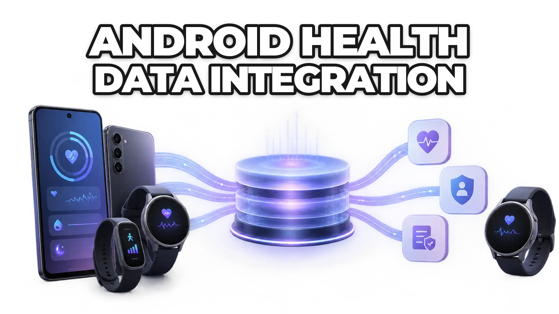 Multiple Android devices and wearables feeding data into a central hub that serves health and insurance applications, representing unified data access across the platform.