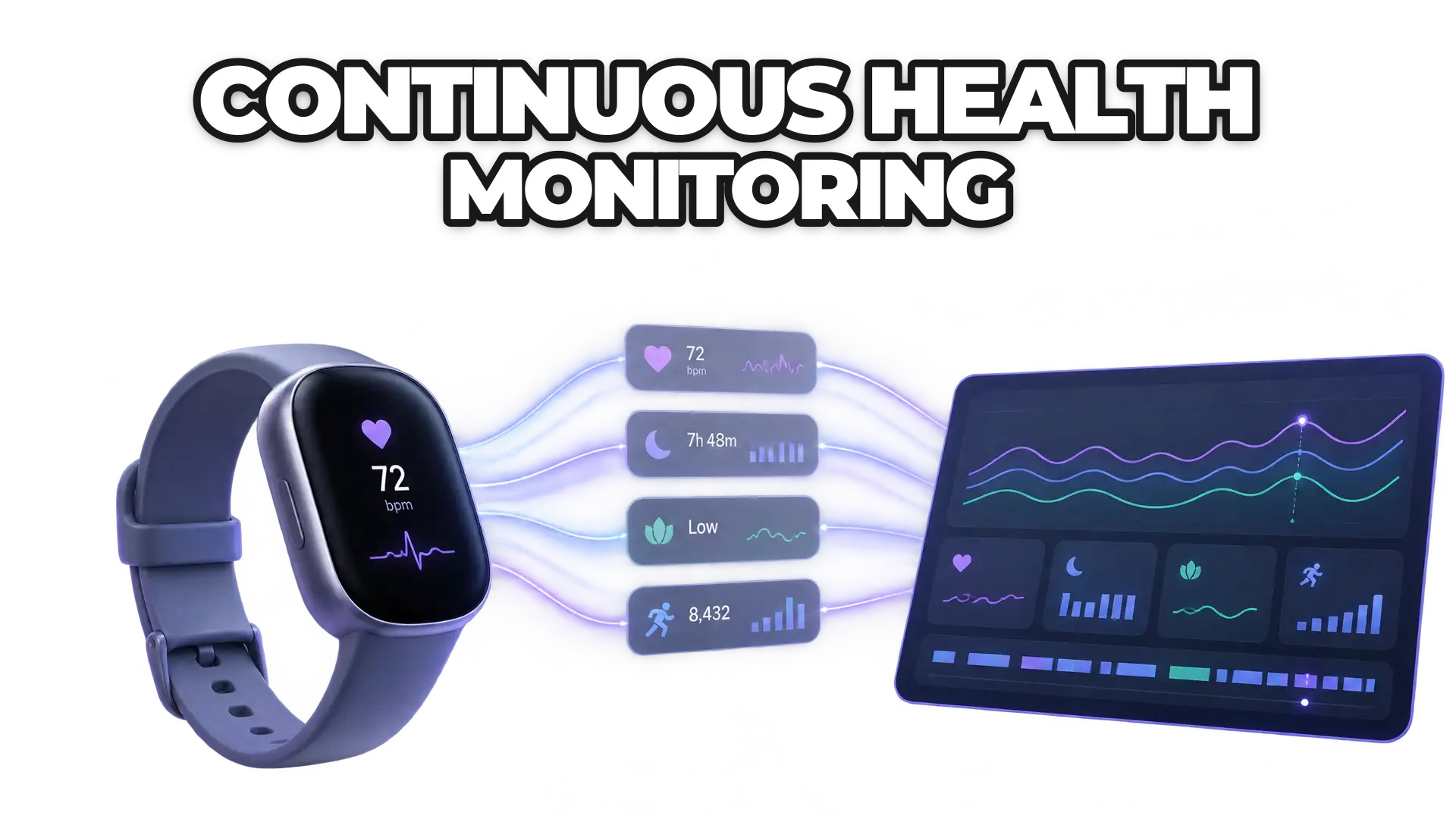 A wearable device streaming real-time physiological data—heart rate, sleep, stress, activity—into a unified digital platform that tracks patterns over time rather than isolated snapshots. The visual shows data flowing from the device to a c