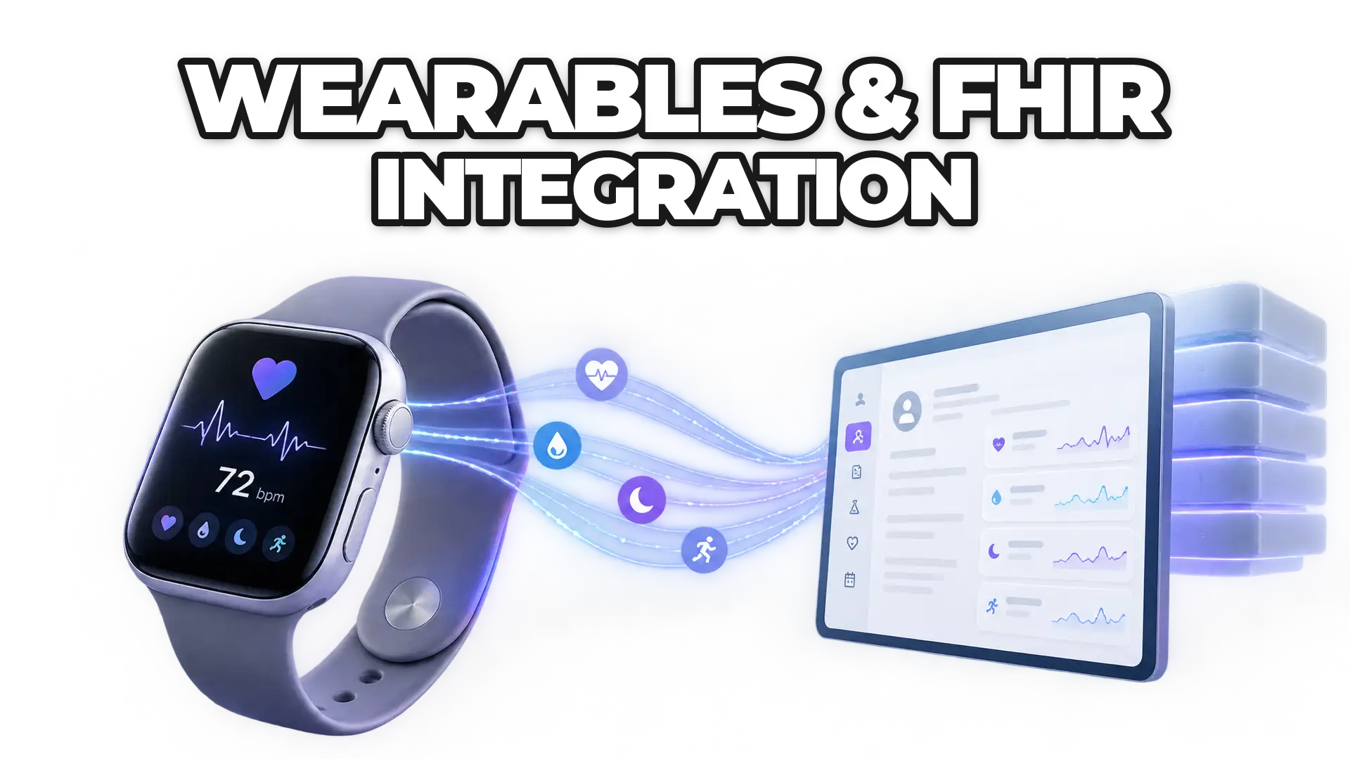A wearable device (Apple Watch, Fitbit) connected via data flow to a clinical system or EHR interface, showing real-time health signals bridging consumer and healthcare ecosystems. The visual emphasizes the standardized data bridge, not dia