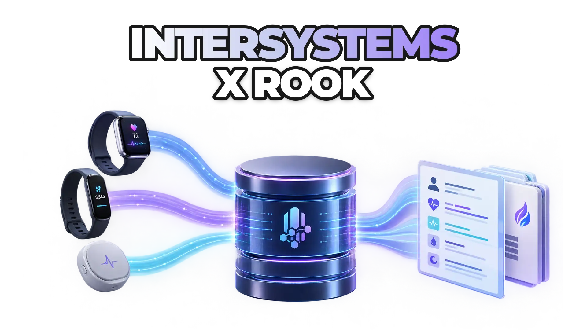 Wearable devices connecting to a central data hub that standardizes health metrics into FHIR-compliant format for EHR systems. Show the flow from multiple wearables (smartwatch, fitness tracker, health sensor) converging into InterSystems I
