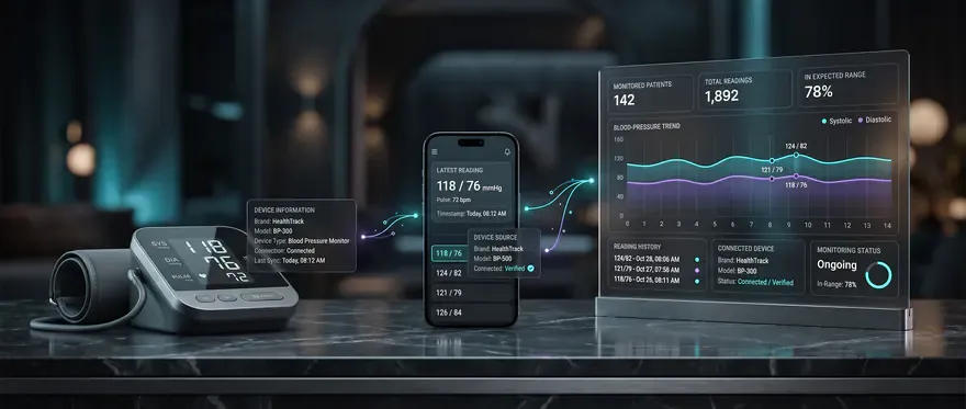 A connected blood pressure cuff and its readings on a phone and a remote monitoring screen