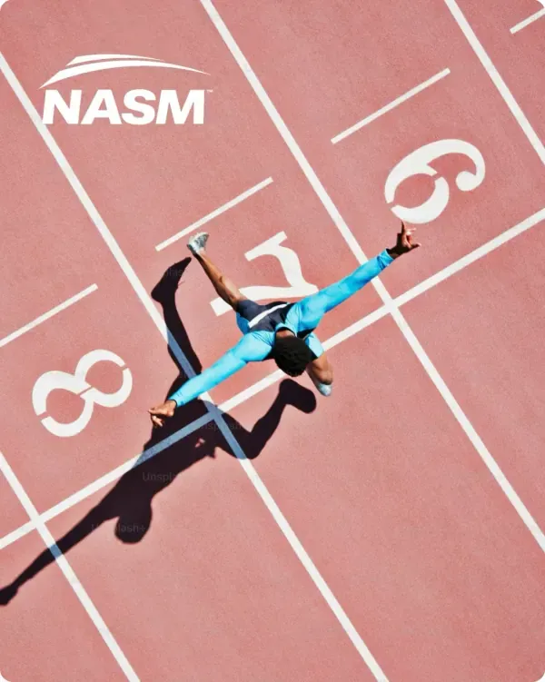 NASM logo over a sprinter crossing a running track from above